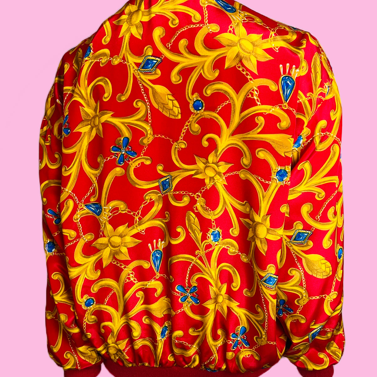 Gripoix Baroque Print Red Bomber Style 90s Jacket — vintage 1990s jacket in red