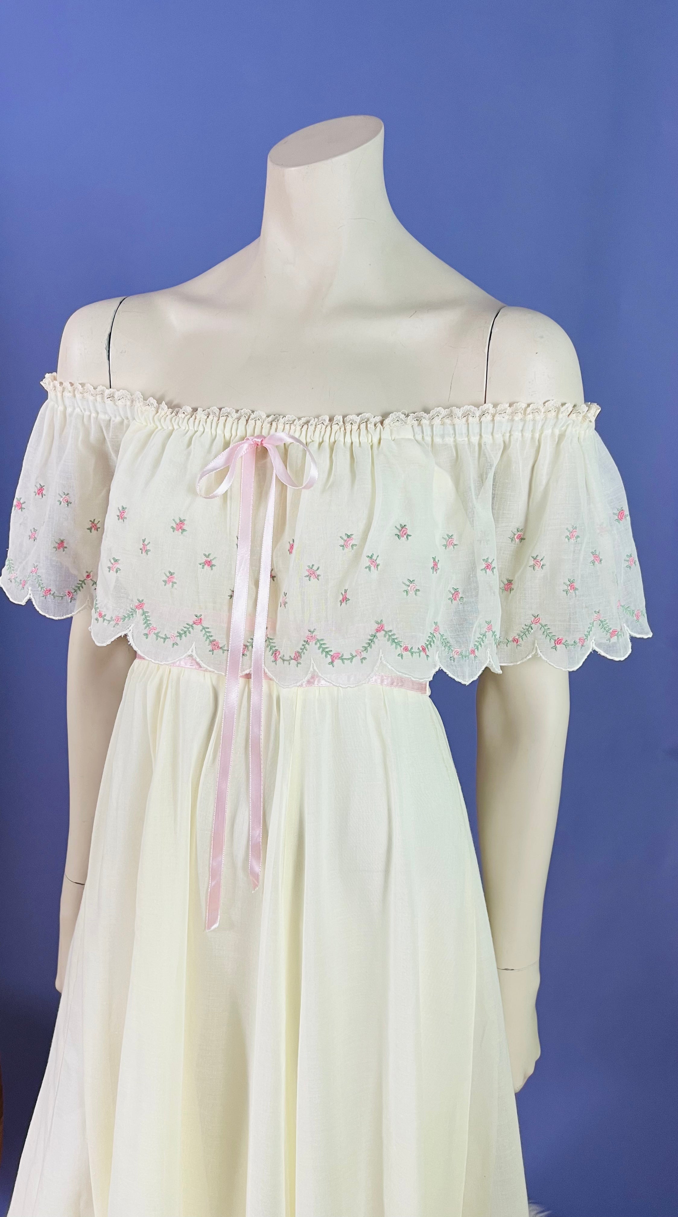 Ethereal Gunne Sax Off the Shoulder 1970s Maxi Dress — vintage 1970s Gunne Sax dress in pink