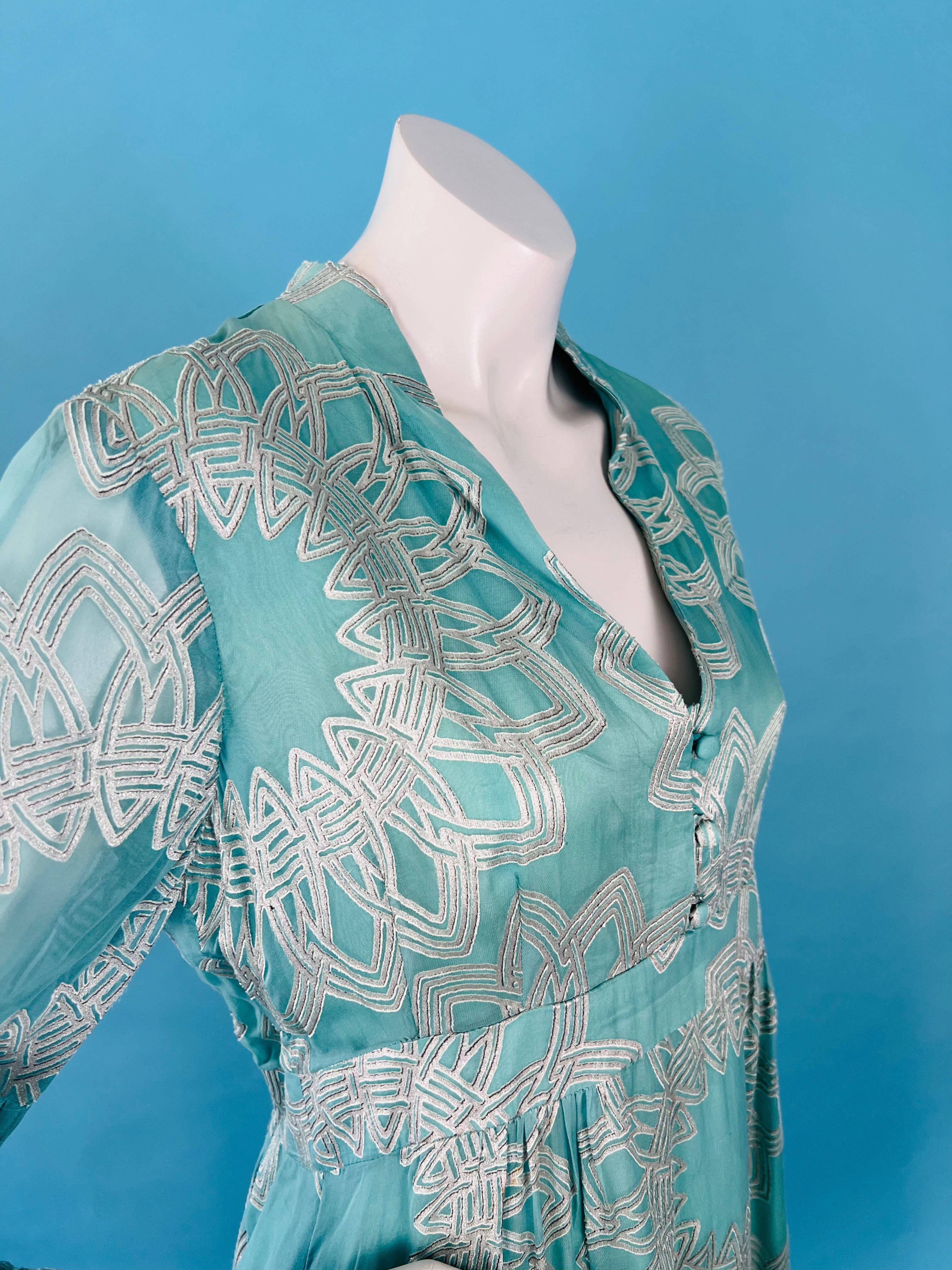 Nanette Lepore Flocked Velvet Silver & Blue Bell Sleeve Dress — vintage Nanette Lepore dress in silver, blue