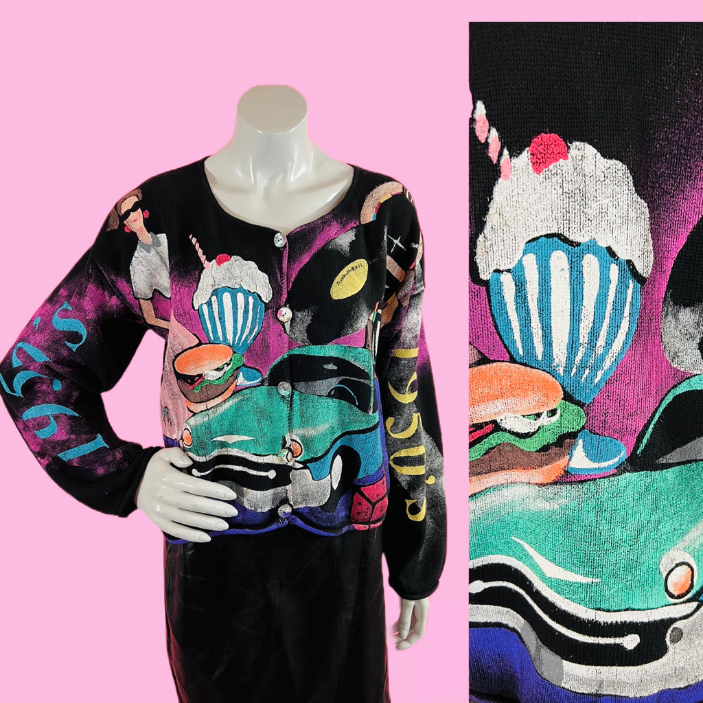 Hand Painted Kolorway 1950s Themed Cardigan Sweater — vintage 1950s Kolorway knit