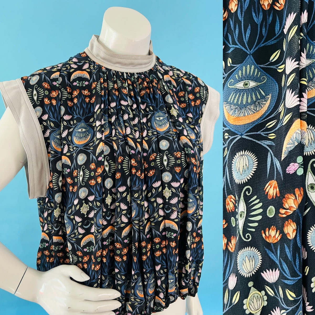 Chloe Designer Mystic Eye Print Bubble Blouse — vintage Chloe top in grey