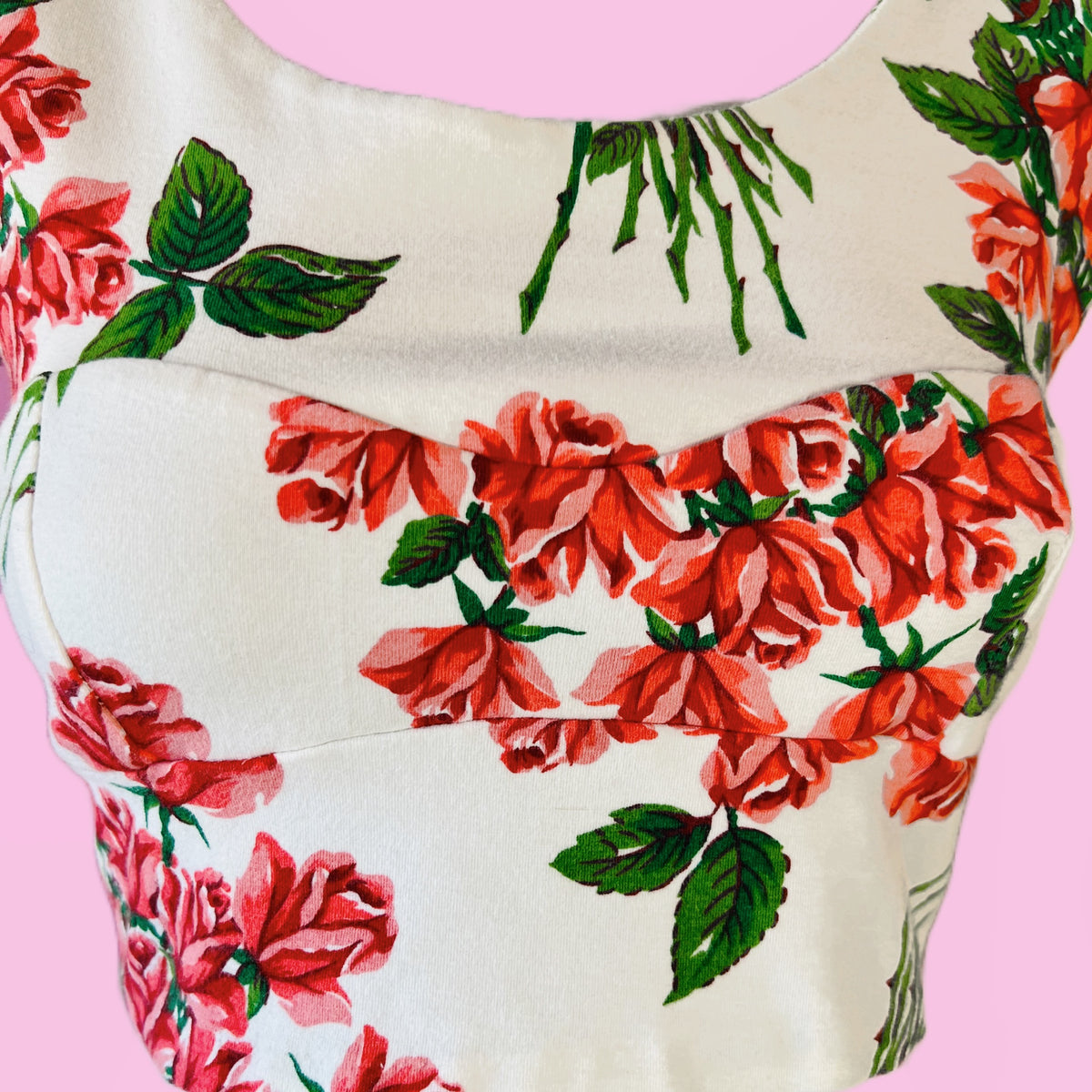 Roses Print Betsey Johnson Punk Label Crop Tank — vintage Betsey Johnson top in white, red, pink, green, blue