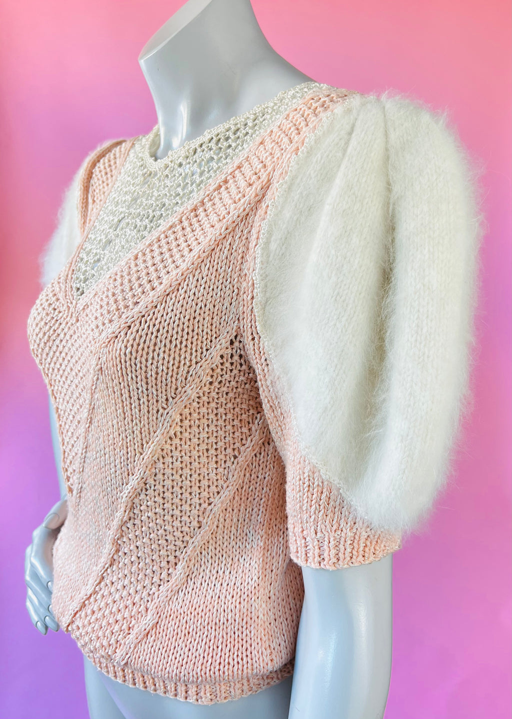 Nannell Soft Puff Sleeve Pink Angora Open Knit Sweater — vintage Nannell knit in pink