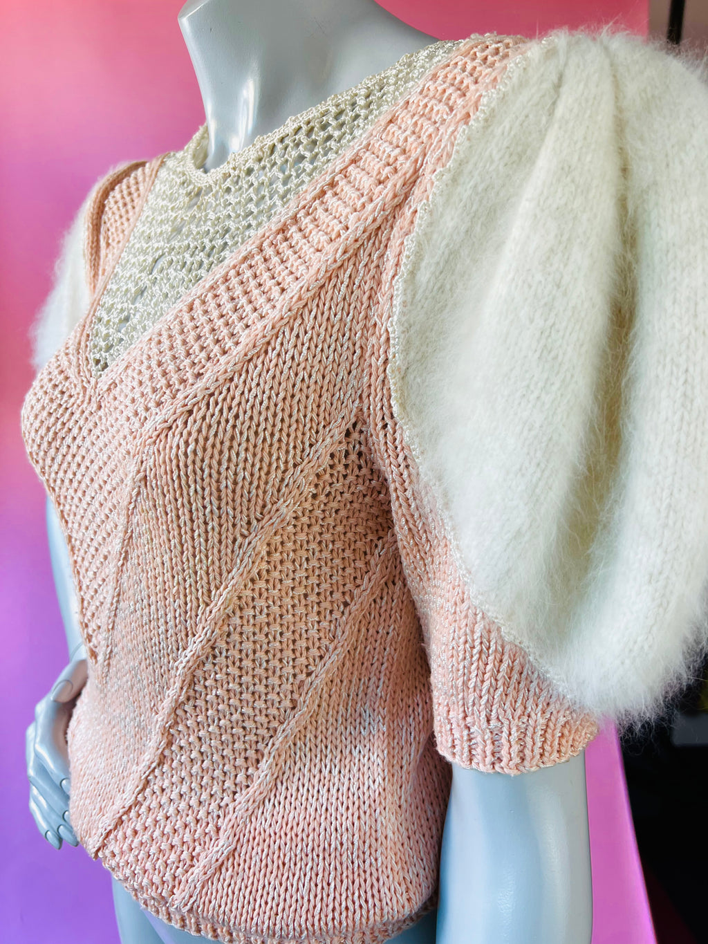 Nannell Soft Puff Sleeve Pink Angora Open Knit Sweater — vintage Nannell knit in pink