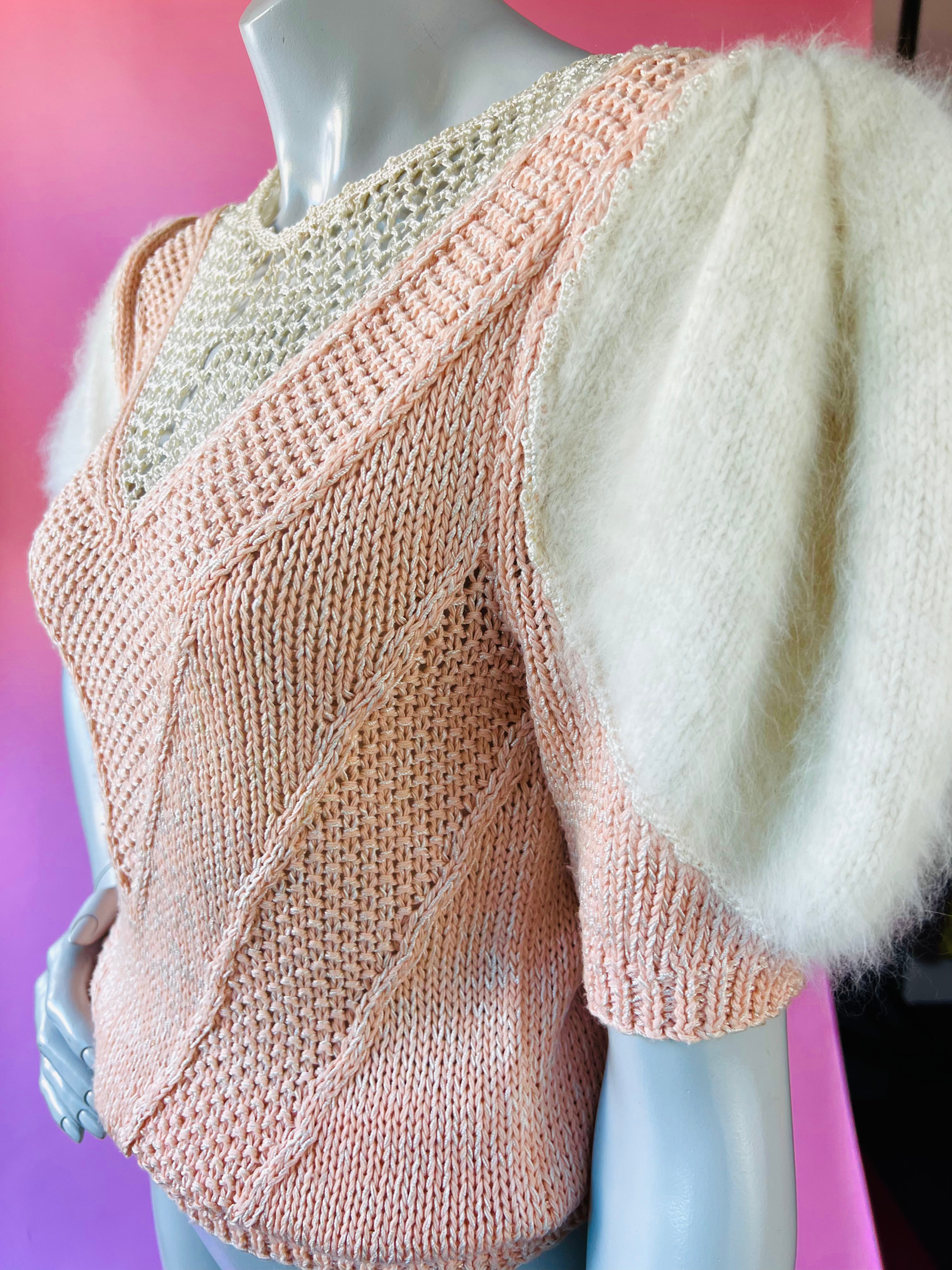 Nannell Soft Puff Sleeve Pink Angora Open Knit Sweater — vintage Nannell knit in pink