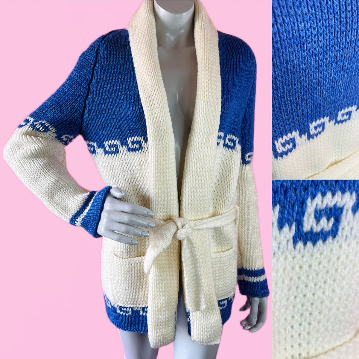 Blue & White Handknit Waves Wrap Sweater with Belt — vintage belt in white, blue