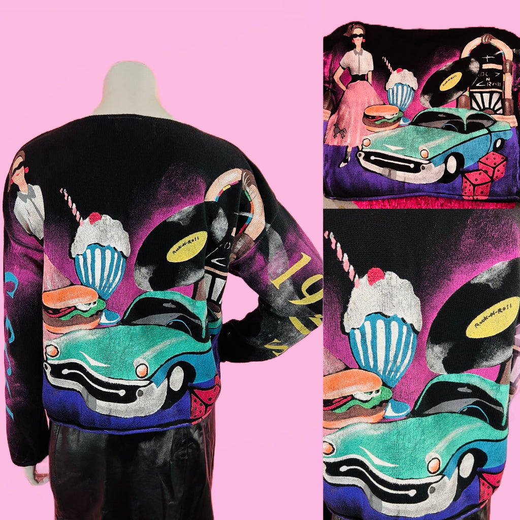 Hand Painted Kolorway 1950s Themed Cardigan Sweater — vintage 1950s Kolorway knit