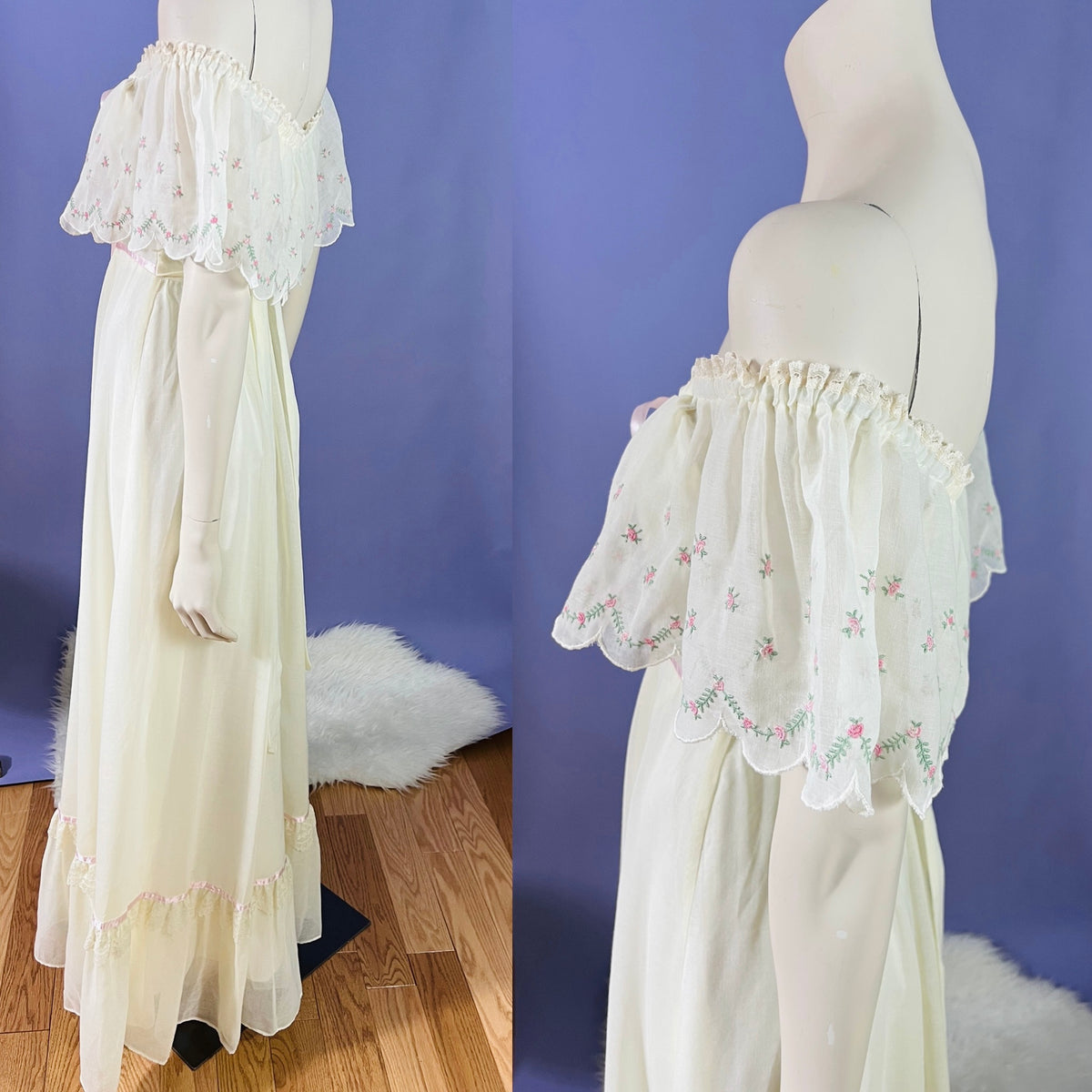 Ethereal Gunne Sax Off the Shoulder 1970s Maxi Dress — vintage 1970s Gunne Sax dress in pink