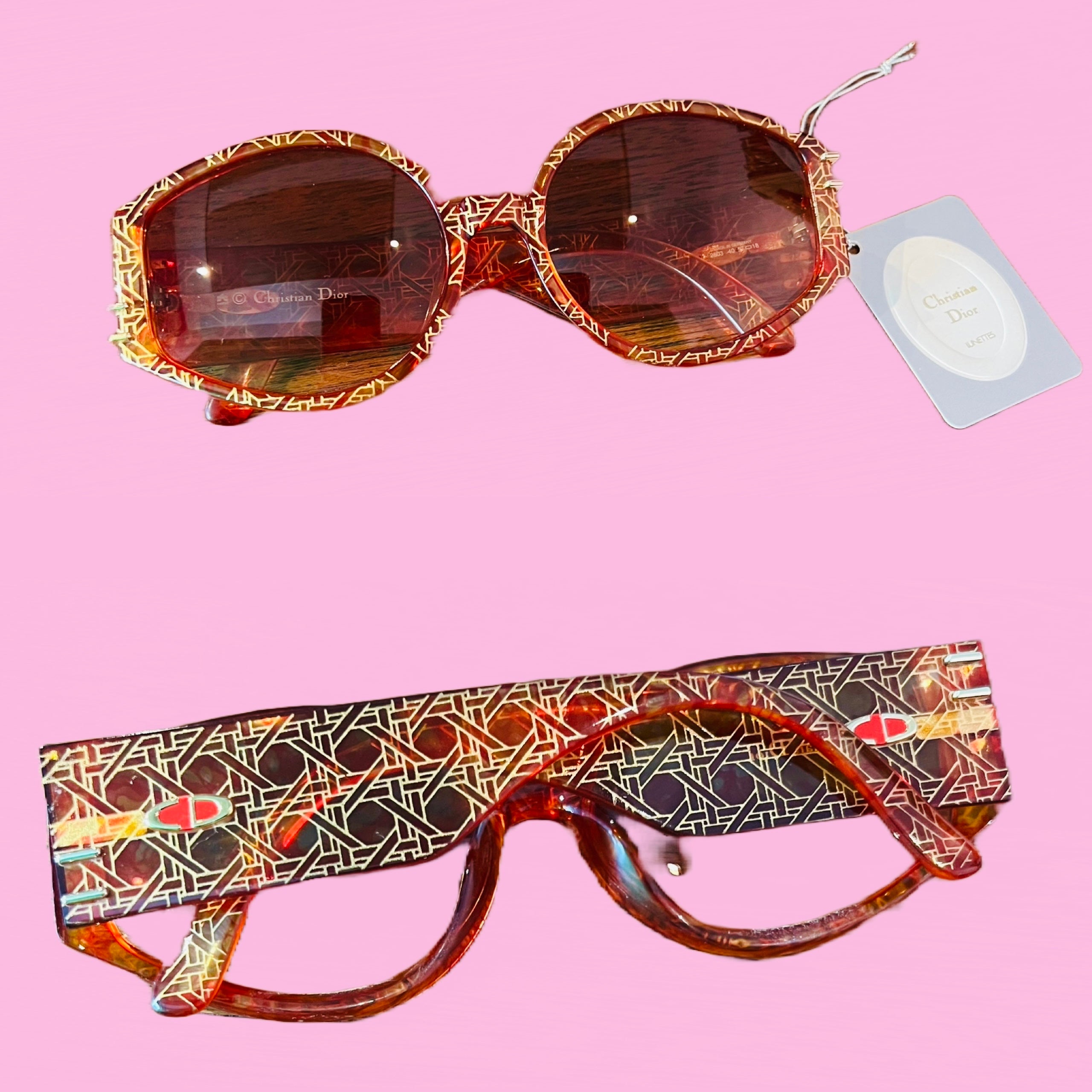 Christian Dior Cinnabar Red & Gold Basketweave Print Sunglasses — vintage 1980s Christian Dior eyewear in red, gold