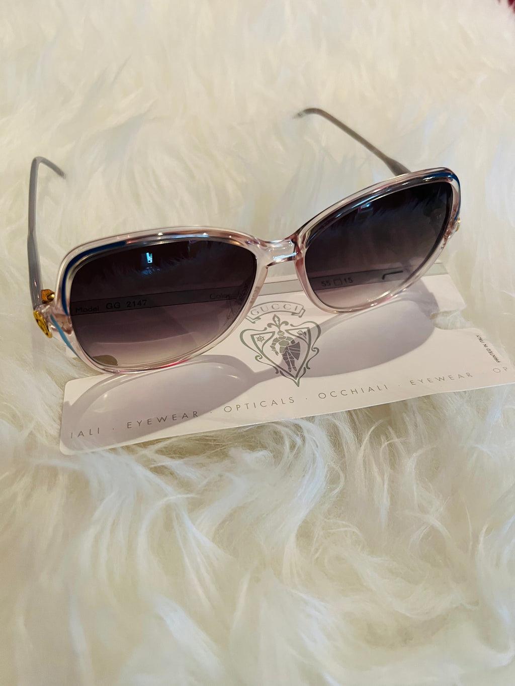 Gucci 1980s Clear & Blue Grey Sunglasses — vintage 1980s Gucci eyewear in blue, grey