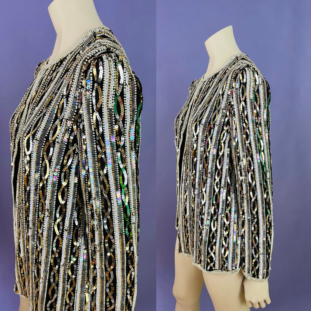 Infinity Sequin Pearl Silk Jacket — vintage Papéll Boutique Evening jacket in white, gold, silver