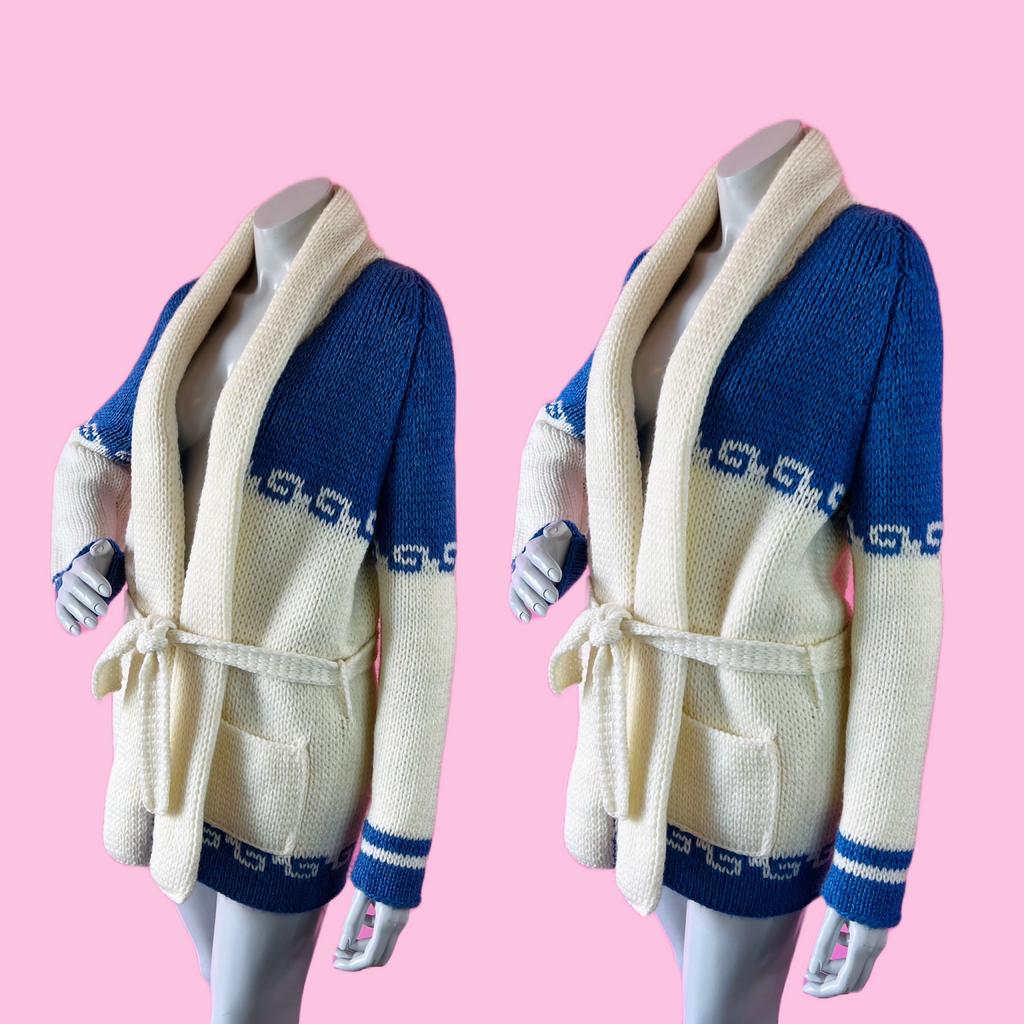 Blue & White Handknit Waves Wrap Sweater with Belt — vintage belt in white, blue
