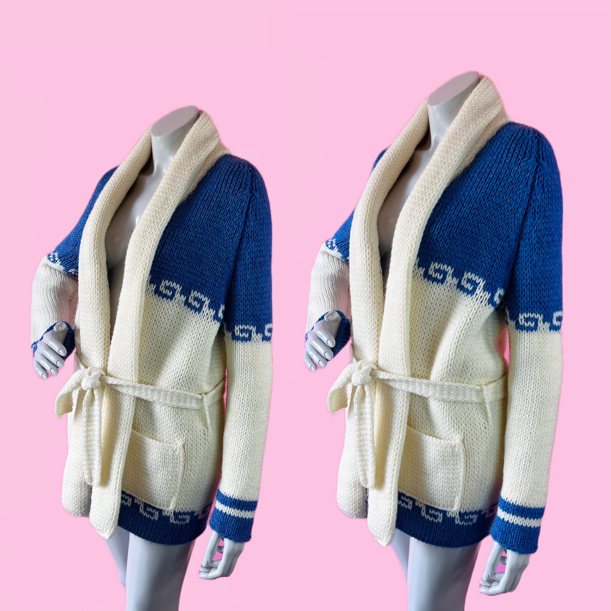 Blue & White Handknit Waves Wrap Sweater with Belt — vintage belt in white, blue