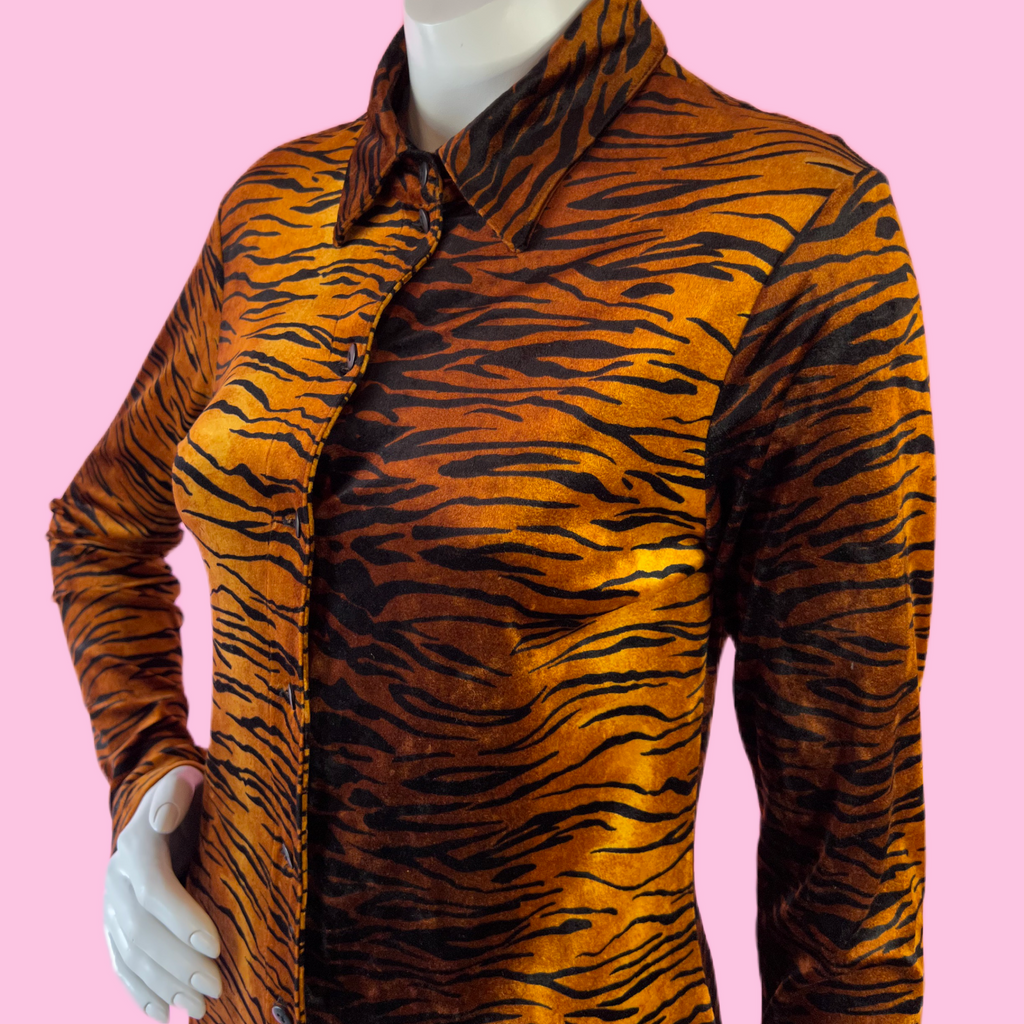 Betsey Johnson Velvet Tiger Button Up Tunic — vintage 1990s Betsey Johnson caftan