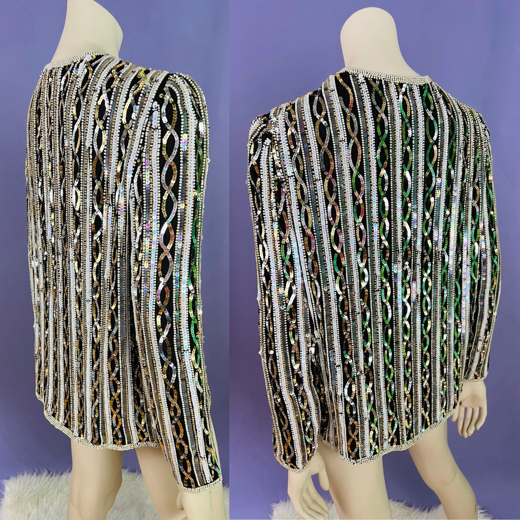 Infinity Sequin Pearl Silk Jacket — vintage Papéll Boutique Evening jacket in white, gold, silver