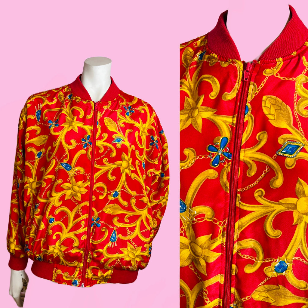 Gripoix Baroque Print Red Bomber Style 90s Jacket — vintage 1990s jacket in red