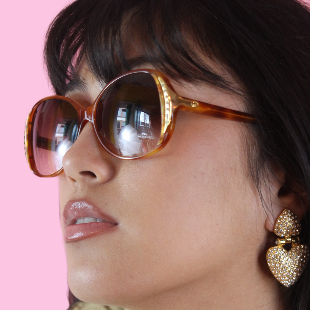 Gucci 1980s Deadstock Rhinestone Sunglasses — vintage 1980s Gucci eyewear in gold, brown