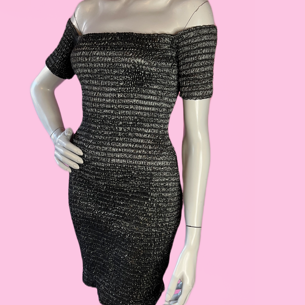 Betsey Johnson Gunmetal Ruched Punk Label Off the Shoulder Bodycon Dress — vintage Betsey Johnson dress in silver