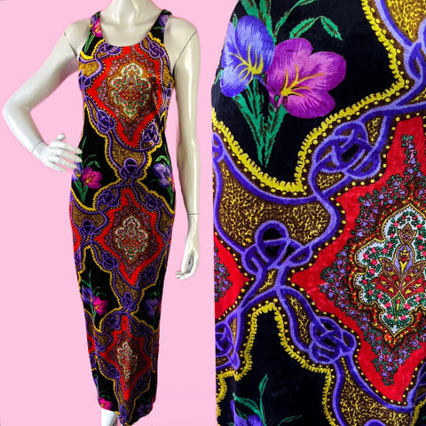 Abstract art print velvet Betsey Johnson 90s maxi dress from Empress Vintage is available now.