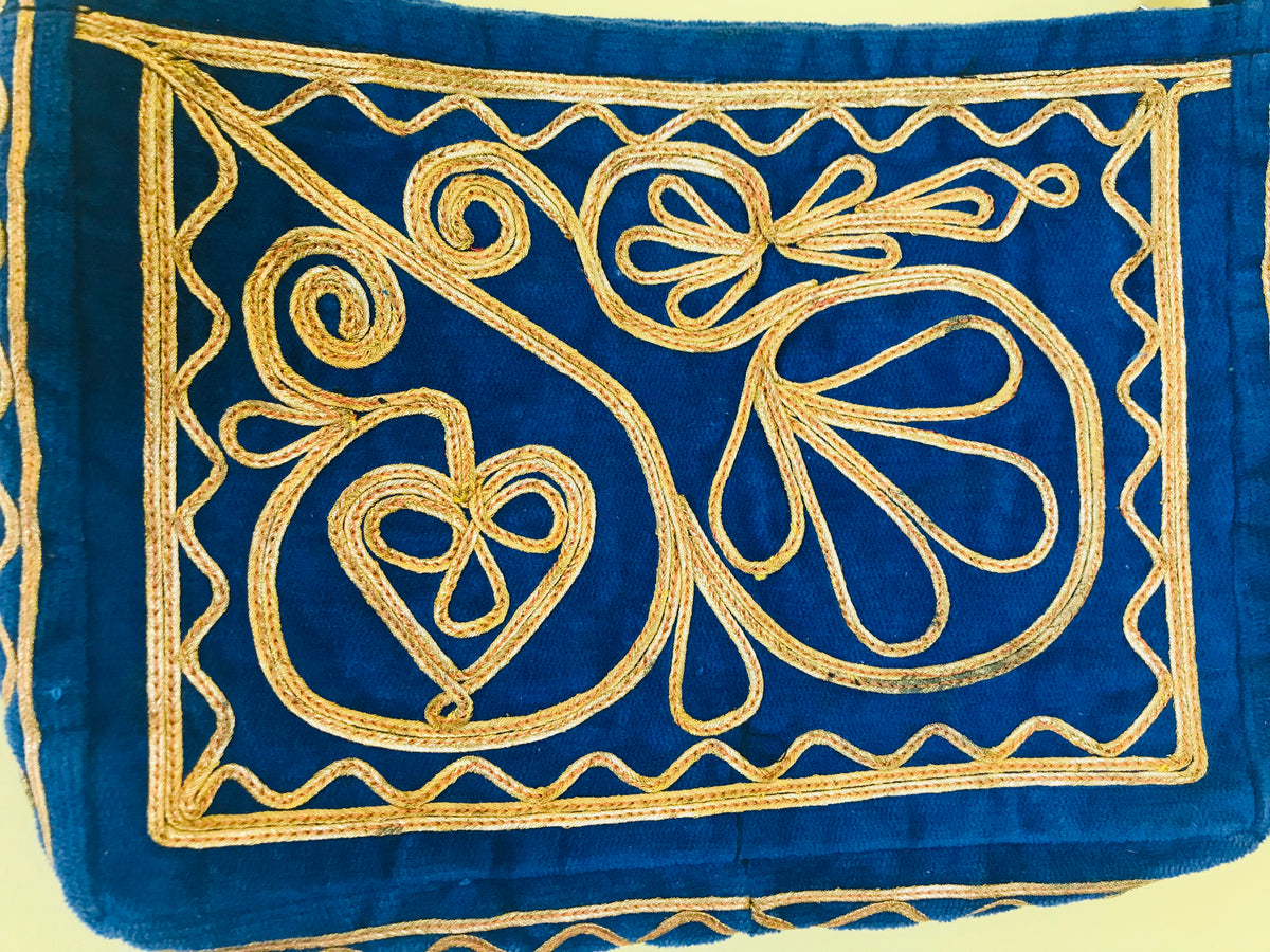SOLD 1960s/70s Blue Velvet Gold Embroidered Handbag — vintage 1960s bag in gold, blue