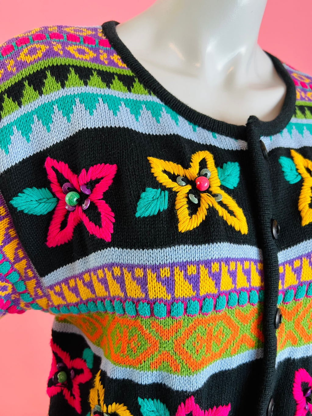Colorful Embroidered Beaded Short Sleeve Cardigan — vintage knit in black
