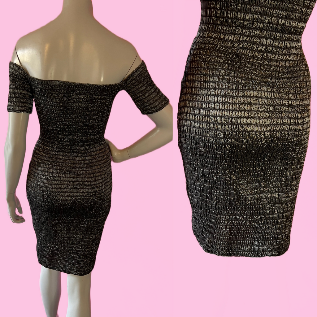 Betsey Johnson Gunmetal Ruched Punk Label Off the Shoulder Bodycon Dress — vintage Betsey Johnson dress in silver