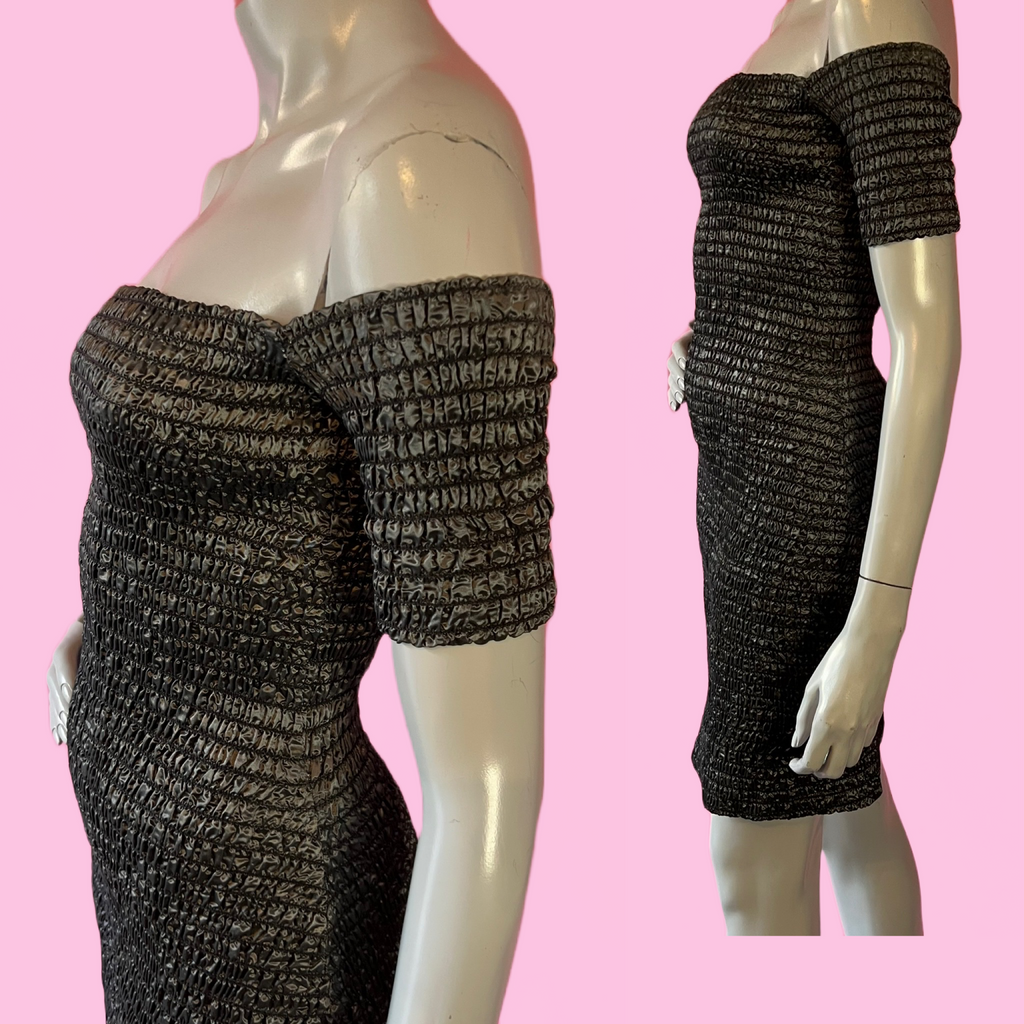 Betsey Johnson Gunmetal Ruched Punk Label Off the Shoulder Bodycon Dress — vintage Betsey Johnson dress in silver