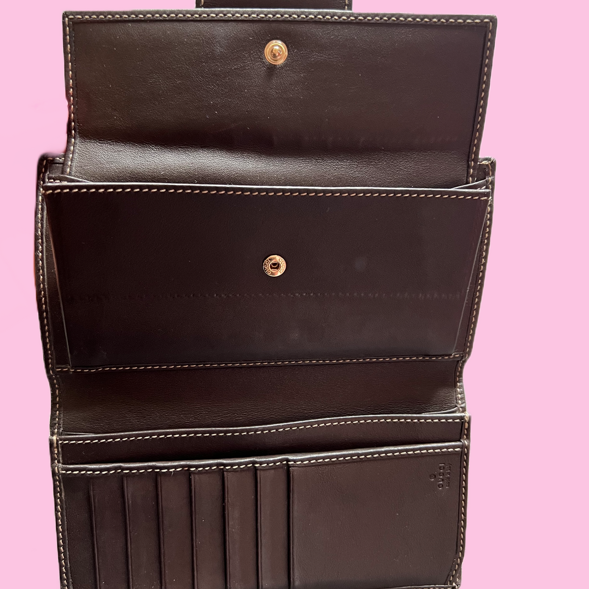 Gucci Gold & Brown Long Continental Vintage Wallet — vintage Gucci bag in gold, brown