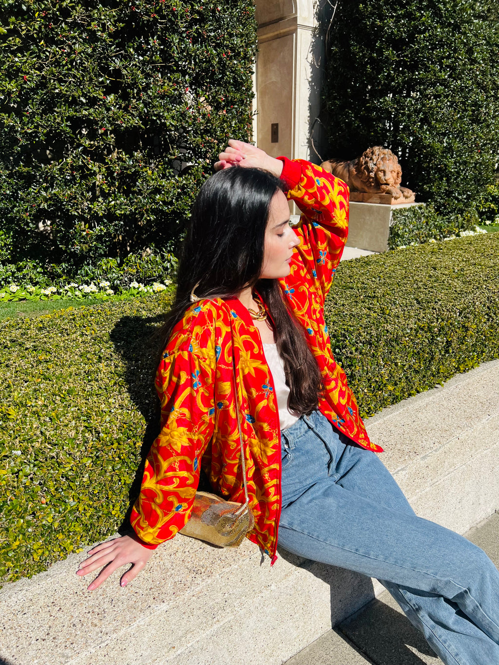 Gripoix Baroque Print Red Bomber Style 90s Jacket — vintage 1990s jacket in red