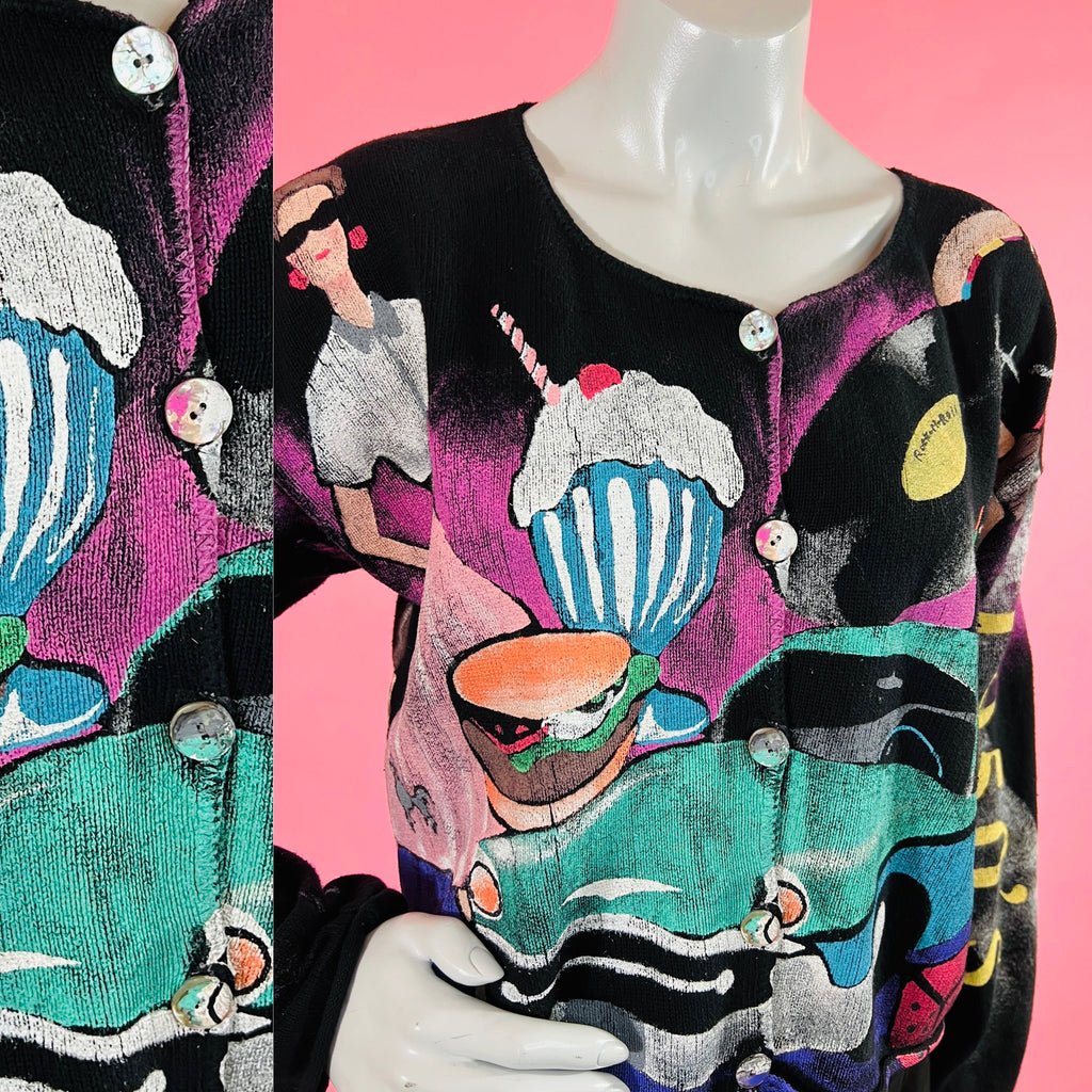 Hand Painted Kolorway 1950s Themed Cardigan Sweater — vintage 1950s Kolorway knit