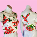 Roses Print Betsey Johnson Punk Label Crop Tank — vintage Betsey Johnson top in white, red, pink, green, blue