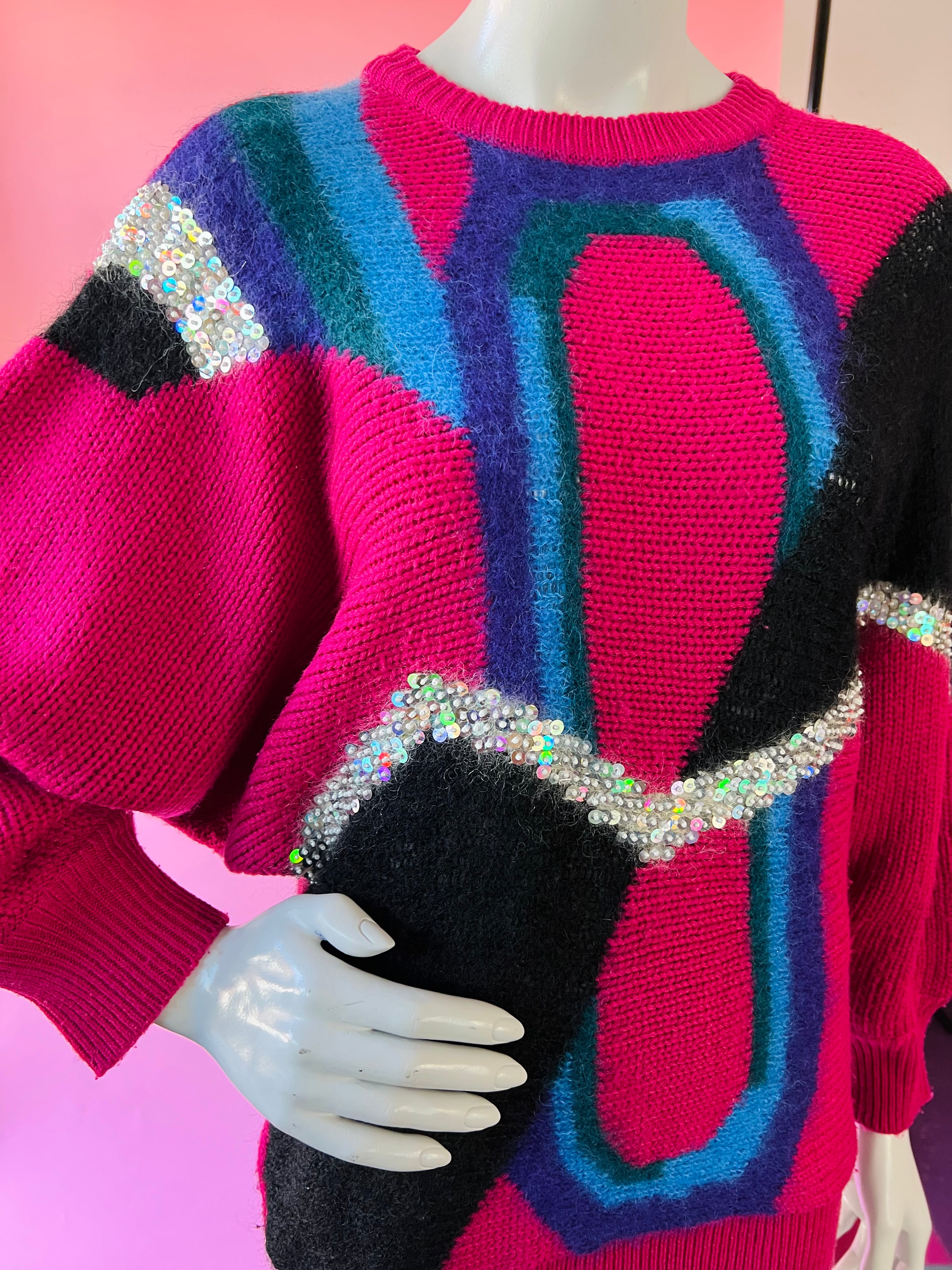 Magenta Sequin Batwing Art to Wear Sweater — vintage Club Prive knit in pink
