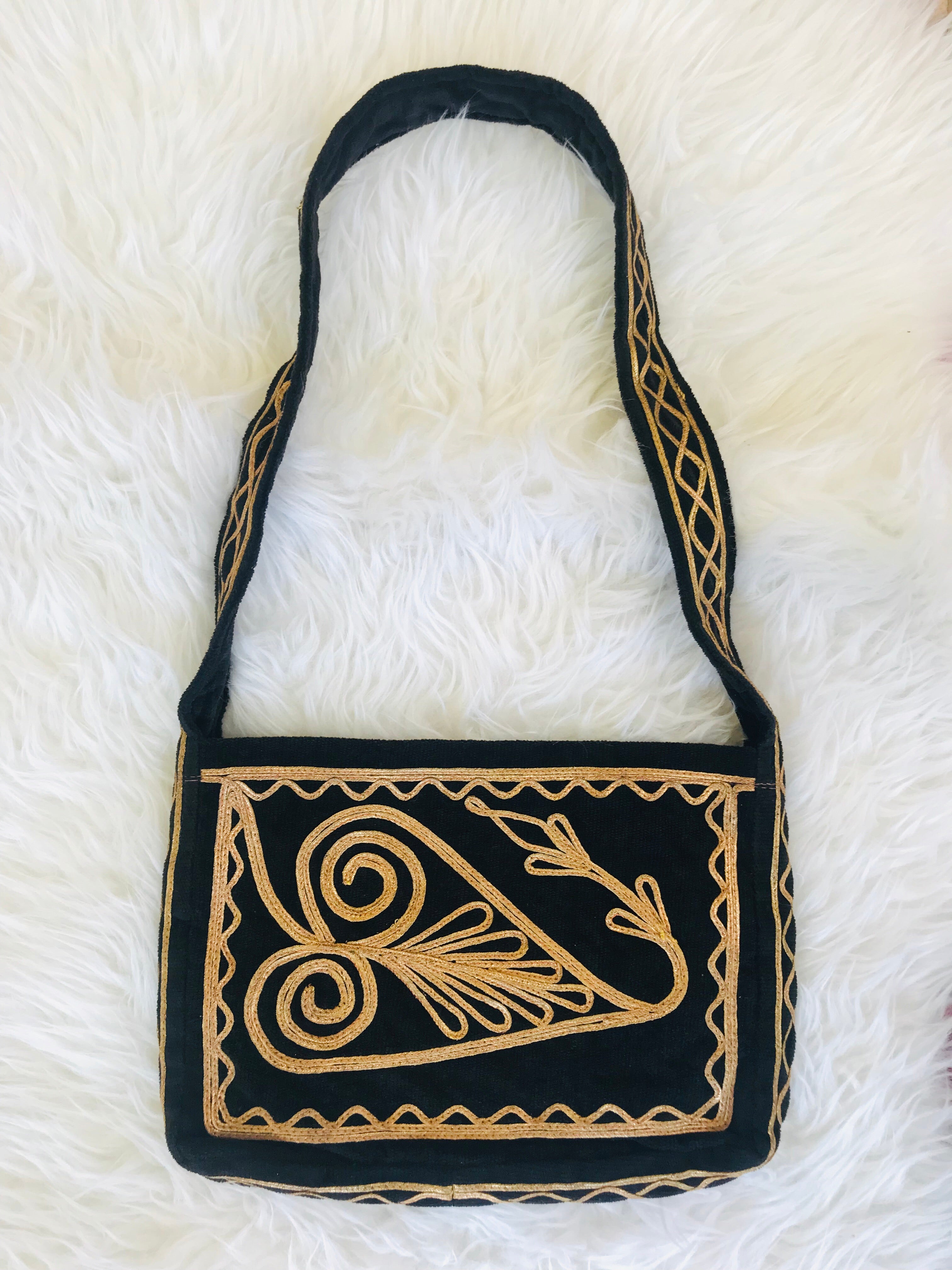 SOLD* Elegant 1960s/70s Gold & Black Velvet Handbag — vintage 1960s bag in black, gold
