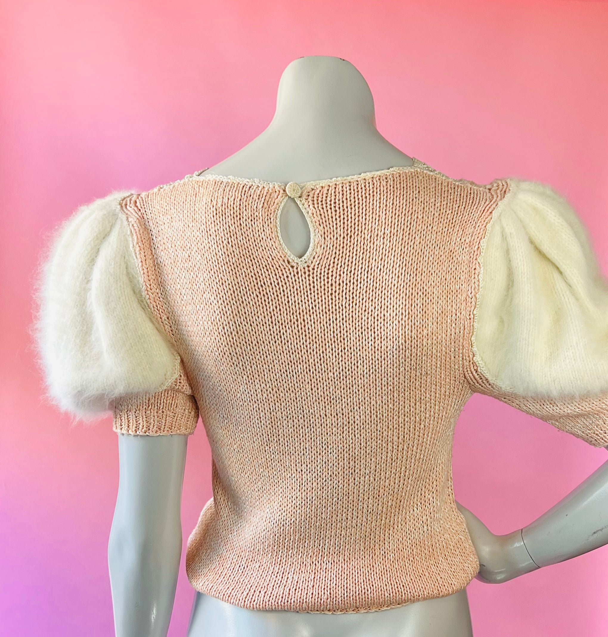 Nannell Soft Puff Sleeve Pink Angora Open Knit Sweater — vintage Nannell knit in pink