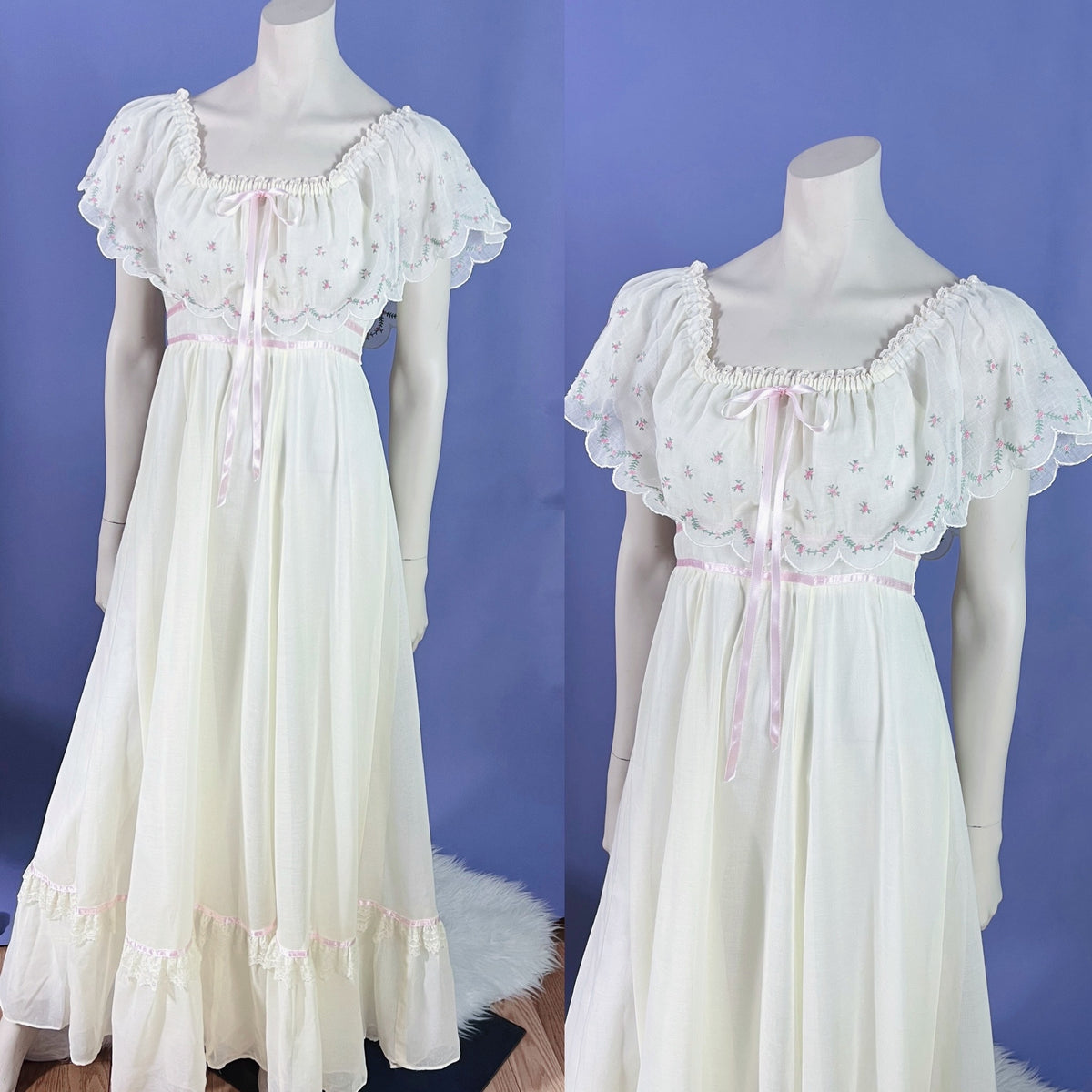 Ethereal Gunne Sax Off the Shoulder 1970s Maxi Dress — vintage 1970s Gunne Sax dress in pink