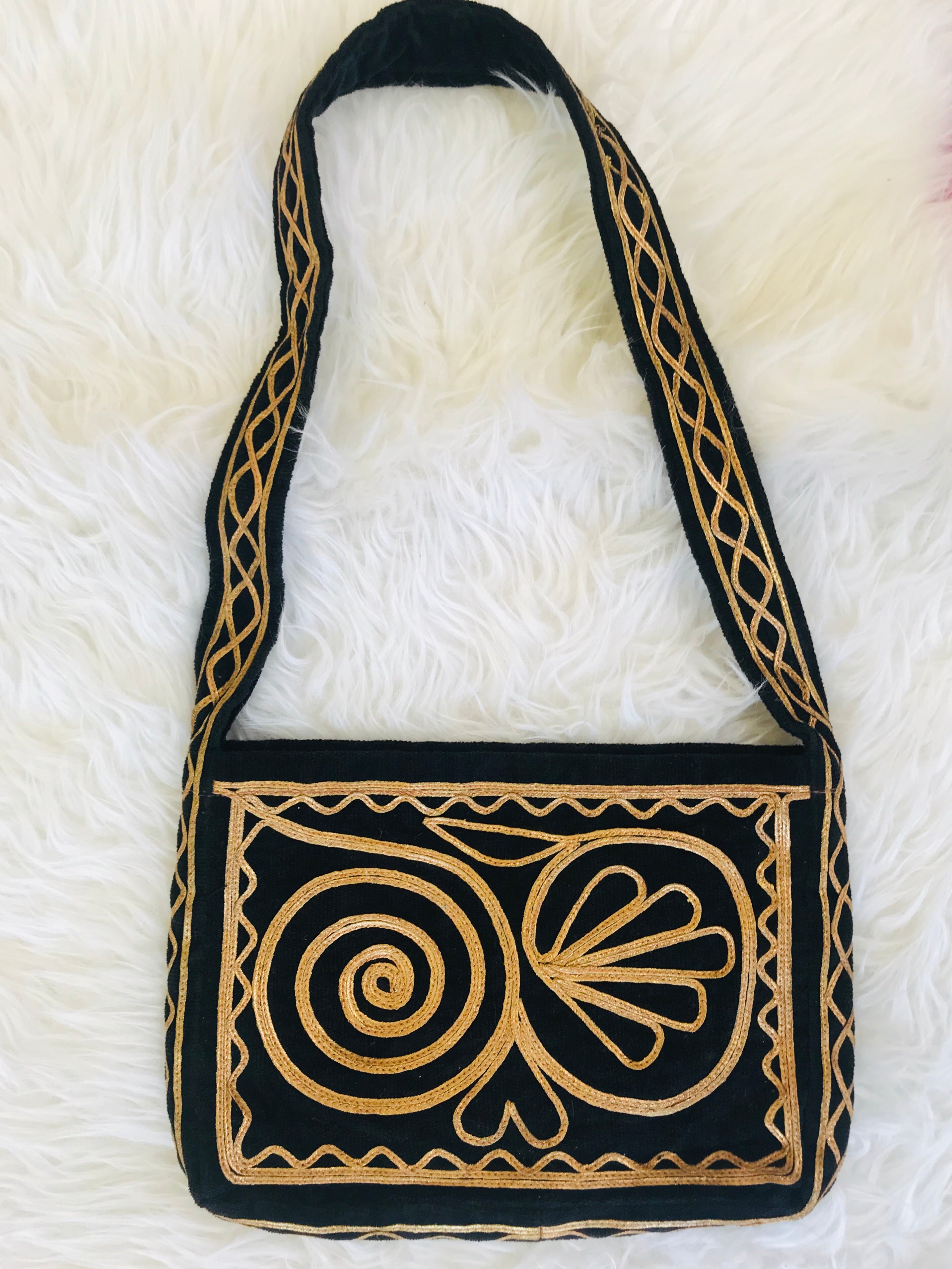 SOLD* Elegant 1960s/70s Gold & Black Velvet Handbag — vintage 1960s bag in black, gold