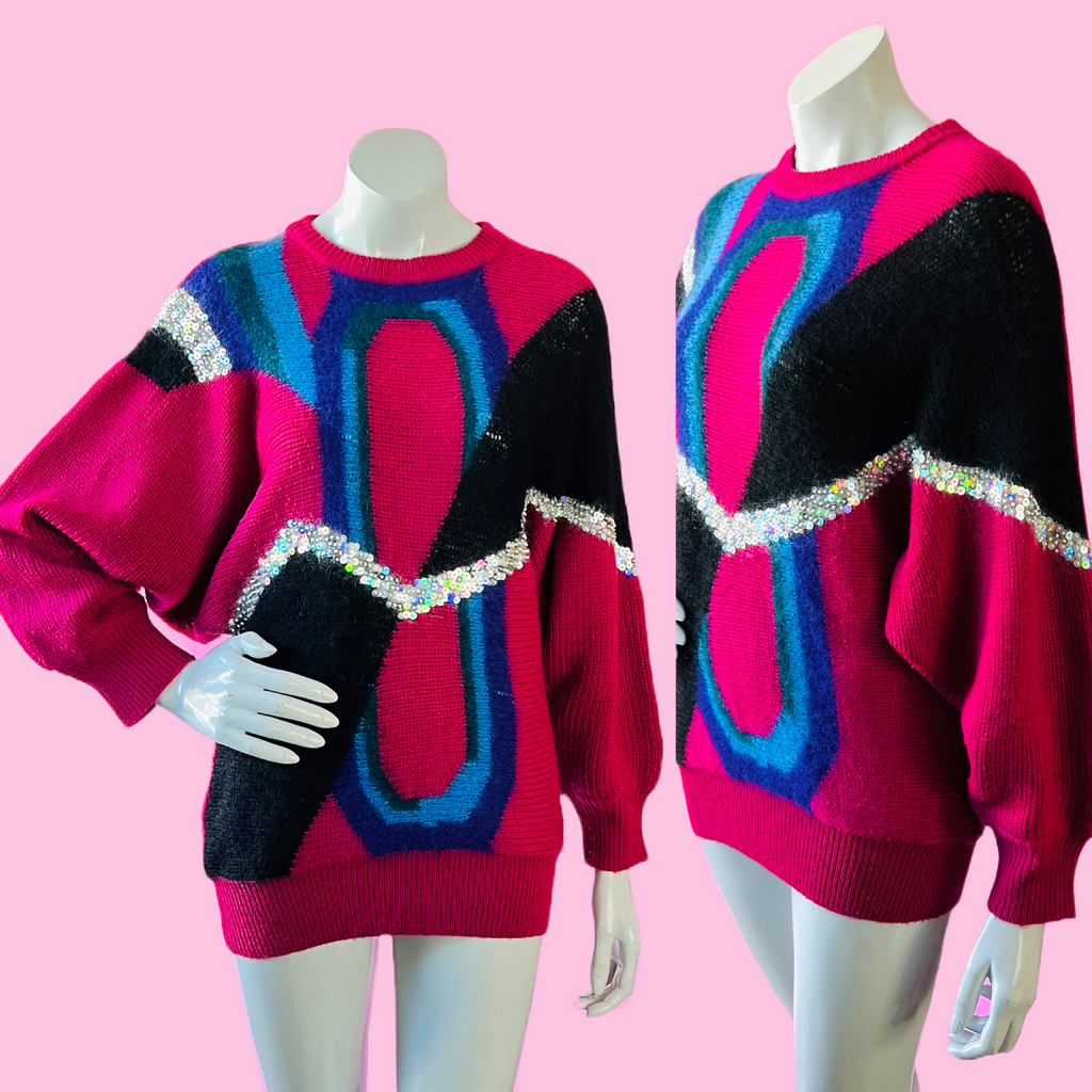 Magenta Sequin Batwing Art to Wear Sweater — vintage Club Prive knit in pink