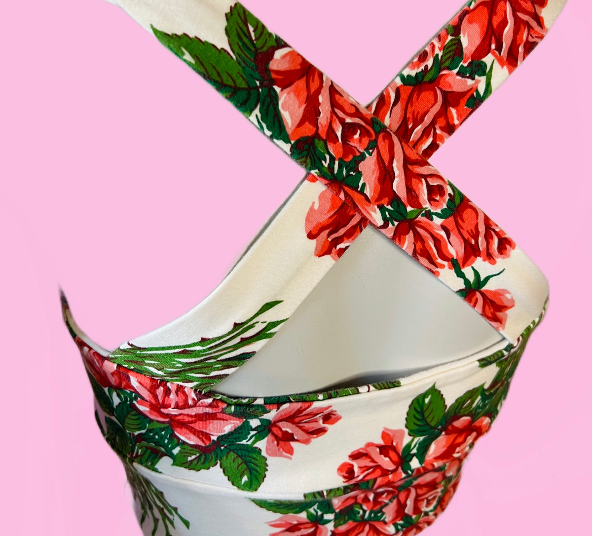 Roses Print Betsey Johnson Punk Label Crop Tank — vintage Betsey Johnson top in white, red, pink, green, blue