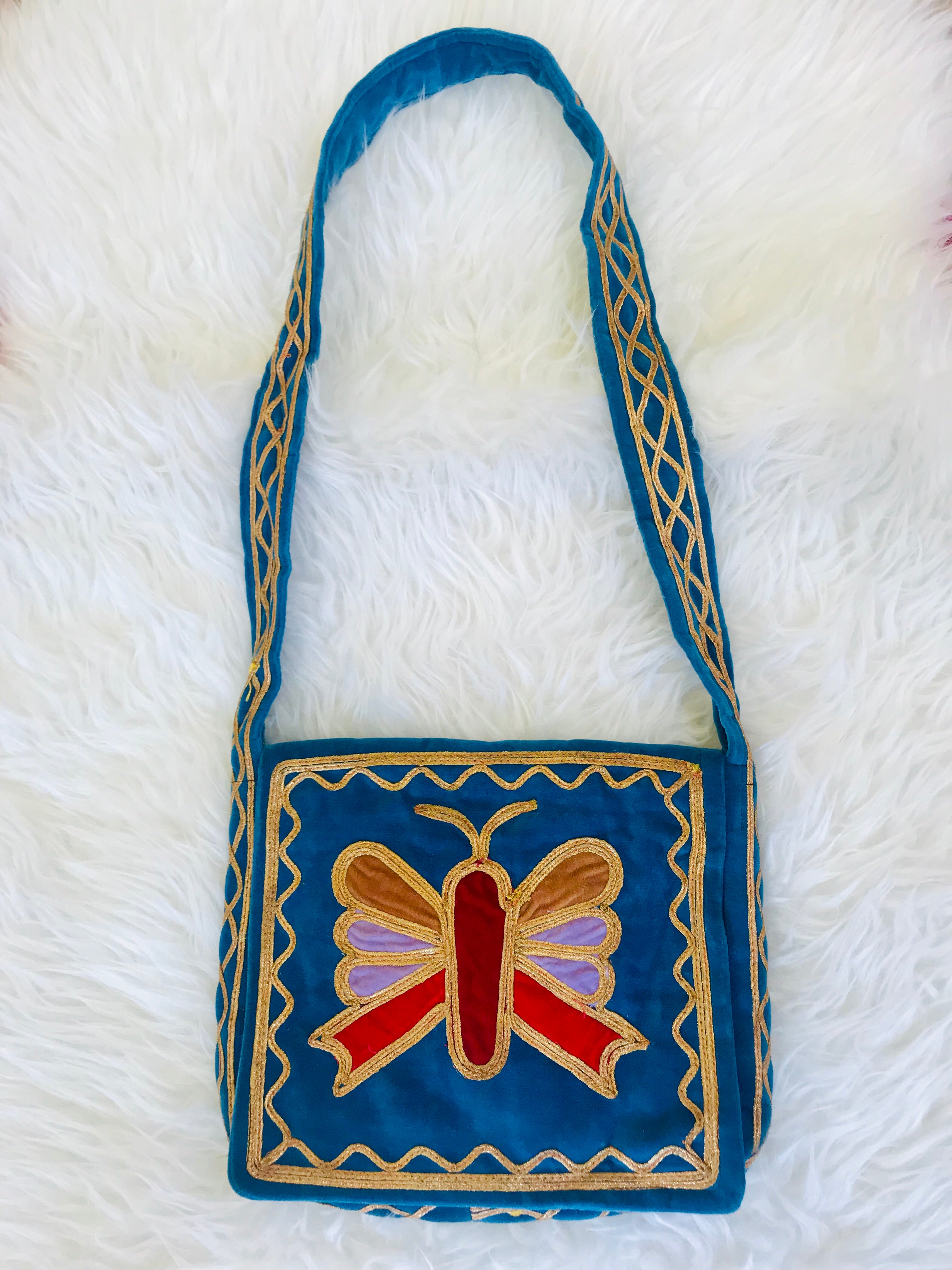 1960s/70s Butterfly Embroidered Aqua Blue Velvet Handbag found exclusively at Empress Vintage in Berkeley, CA!