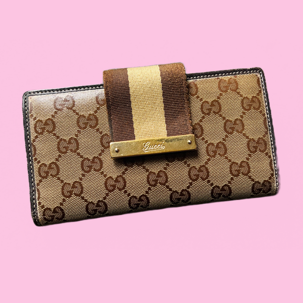 Gucci Gold & Brown Long Continental Vintage Wallet — vintage Gucci bag in gold, brown