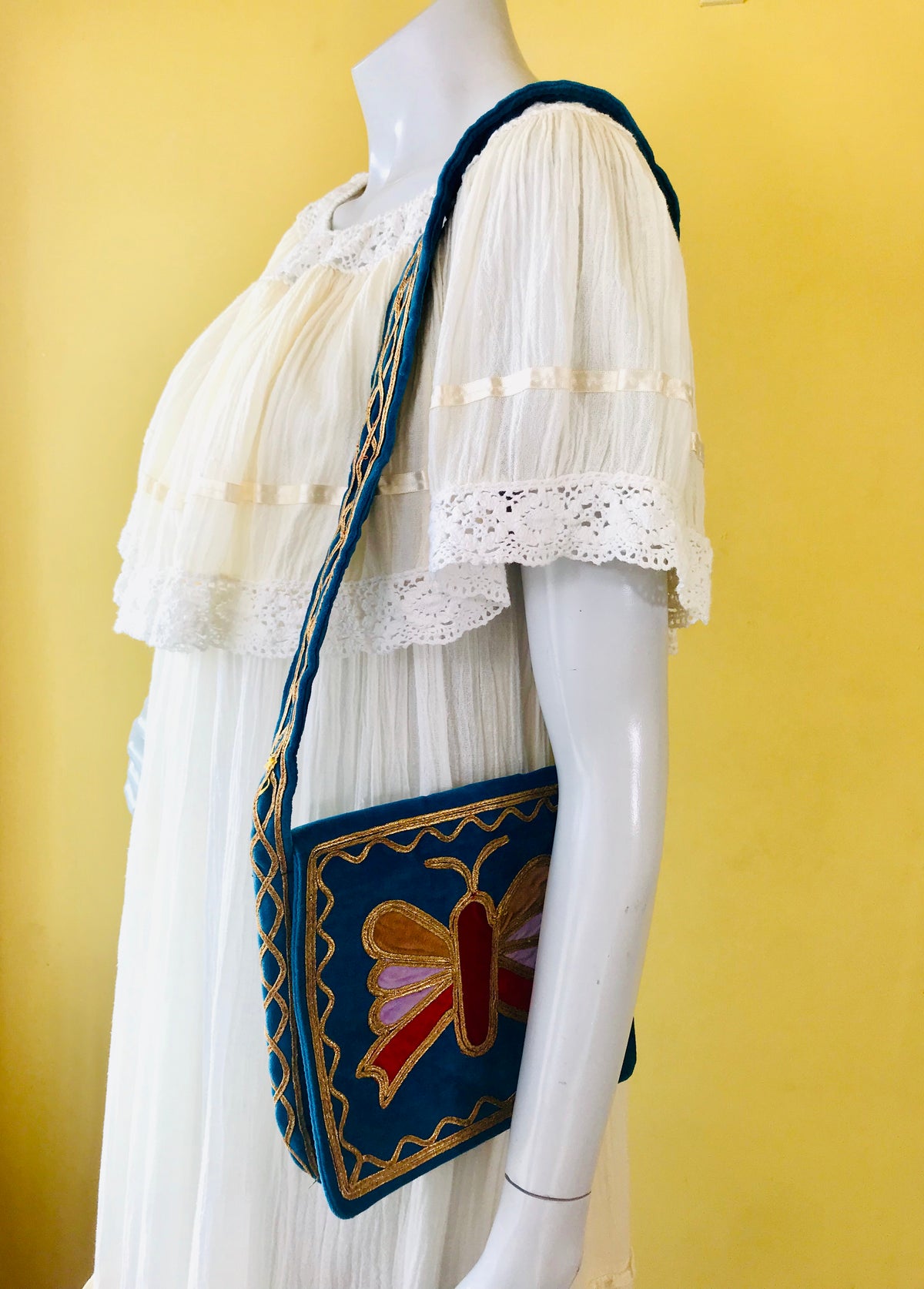 SOLD* 1960s/70s Butterfly Embroidered Aqua Blue Velvet Handbag — vintage 1960s bag in blue