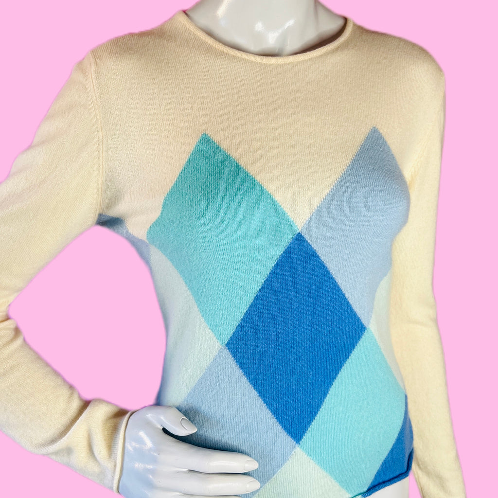 Wilkes Bashford Pure Cashmere Argyle Sweater — vintage Wilkes Bashford top in ivory, blue