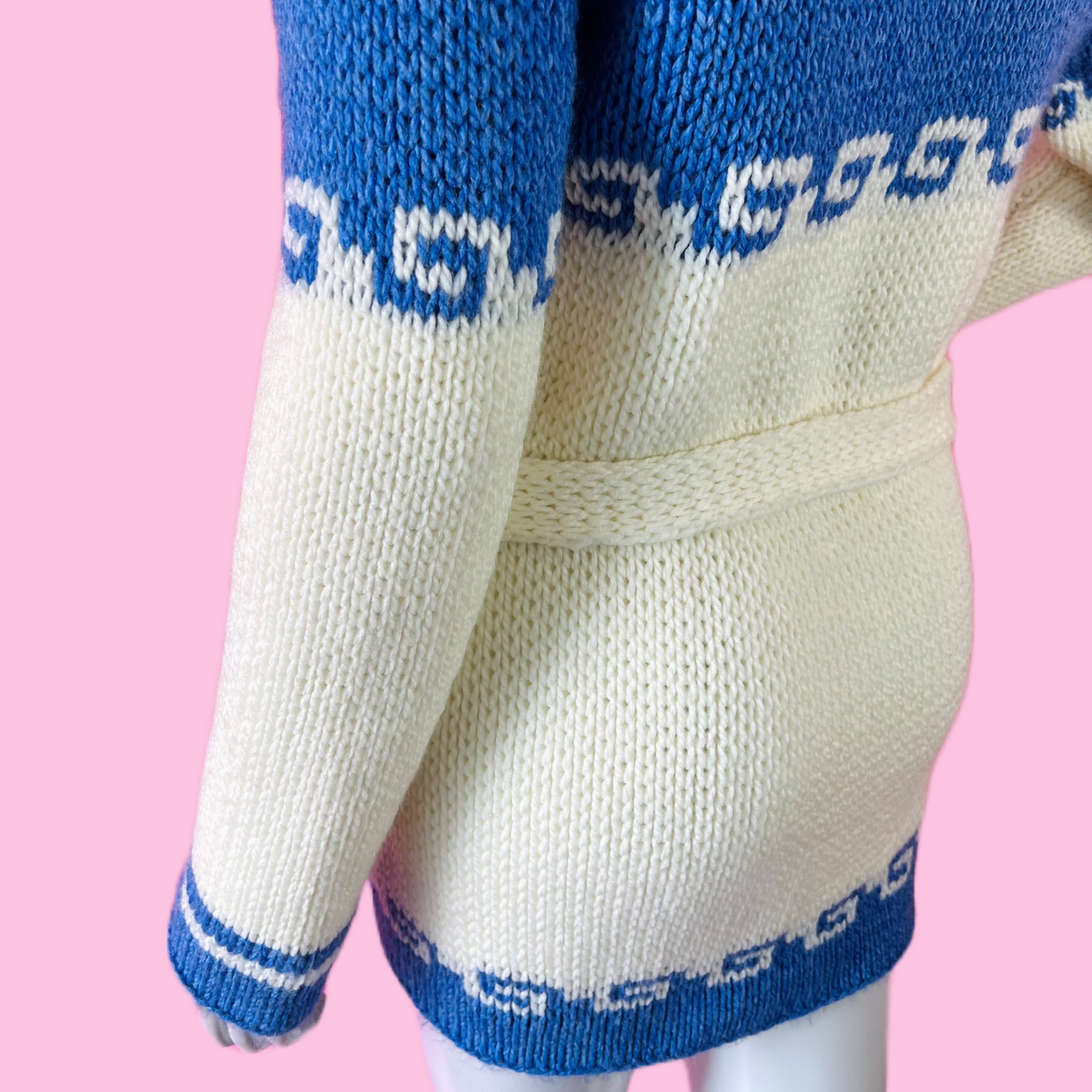 Blue & White Handknit Waves Wrap Sweater with Belt — vintage belt in white, blue
