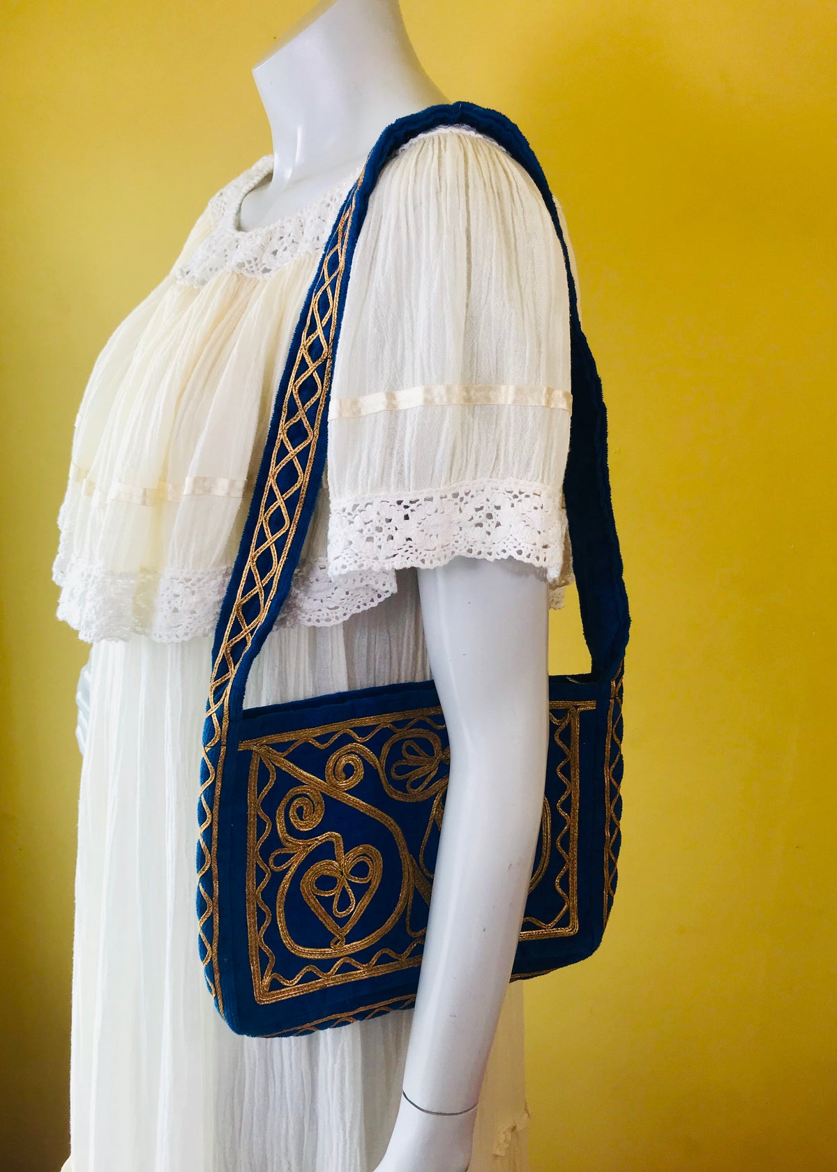 SOLD 1960s/70s Blue Velvet Gold Embroidered Handbag — vintage 1960s bag in gold, blue