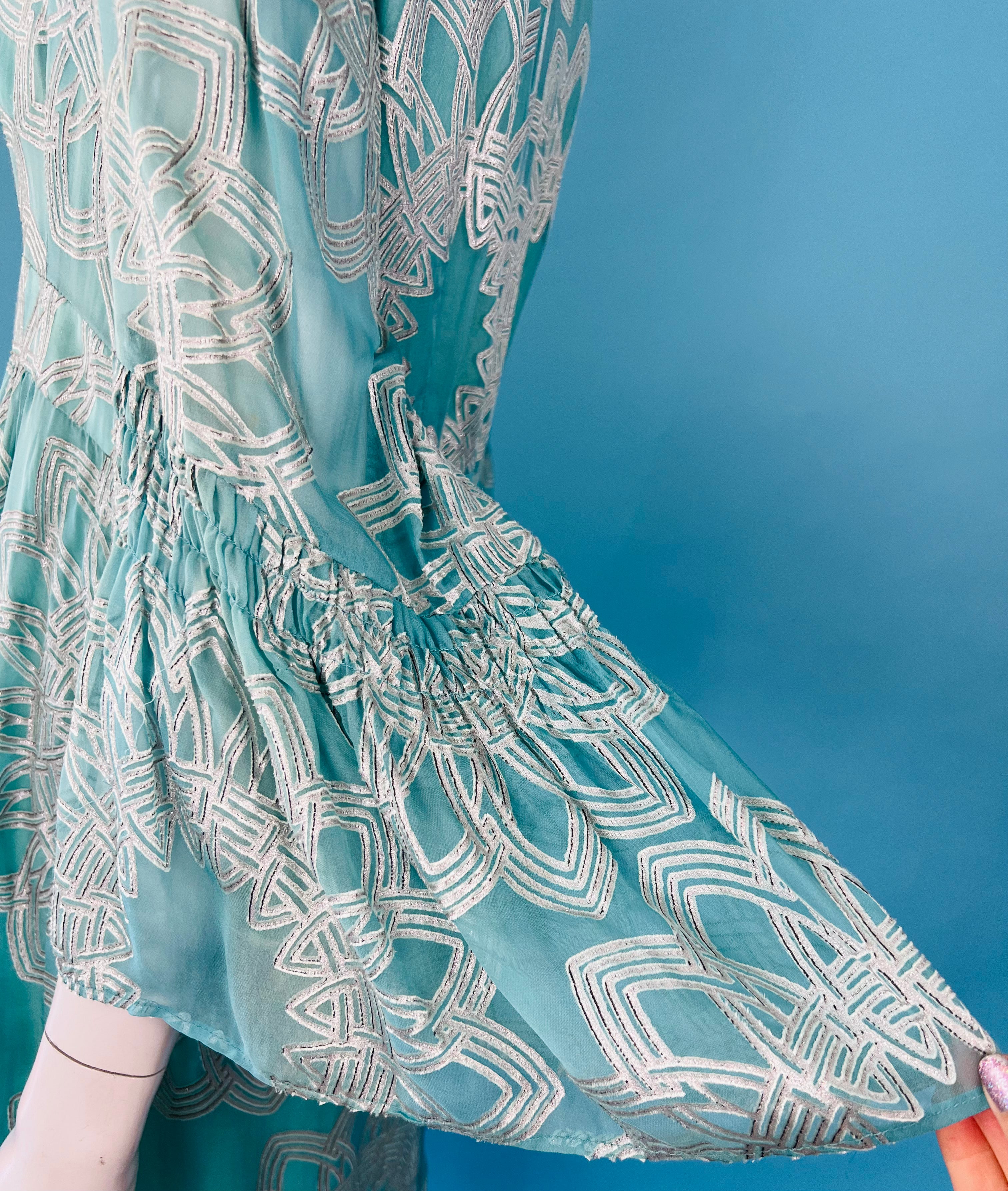 Nanette Lepore Flocked Velvet Silver & Blue Bell Sleeve Dress — vintage Nanette Lepore dress in silver, blue