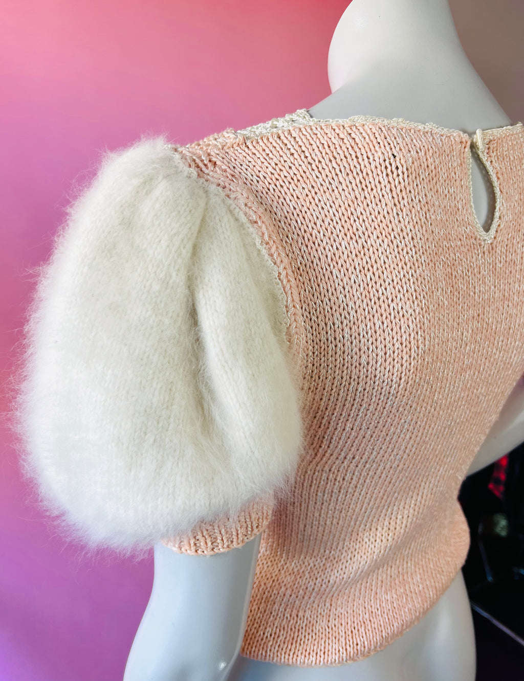 Nannell Soft Puff Sleeve Pink Angora Open Knit Sweater — vintage Nannell knit in pink