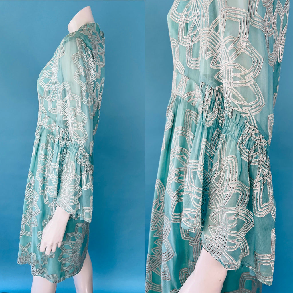 Nanette Lepore Flocked Velvet Silver & Blue Bell Sleeve Dress — vintage Nanette Lepore dress in silver, blue