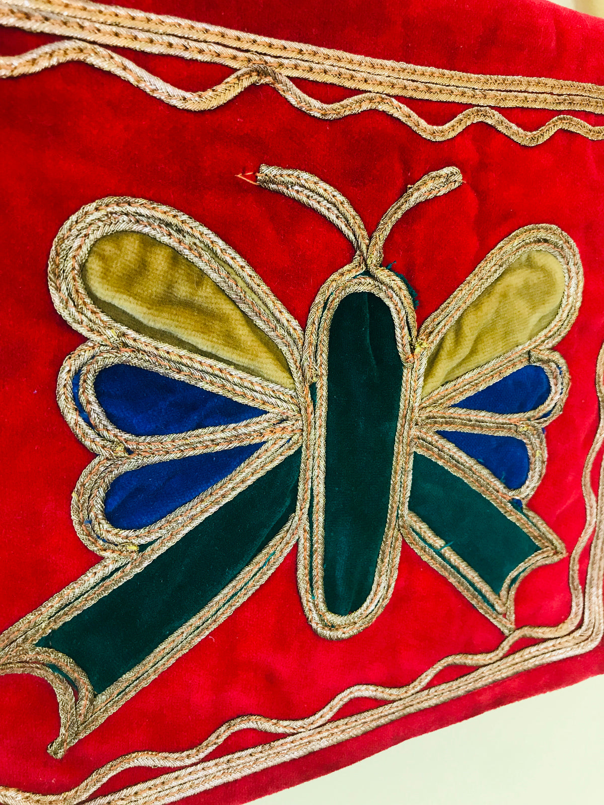 1960s/70s Red Velvet Butterfly Embroidered Handbag — vintage 1960s bag in red