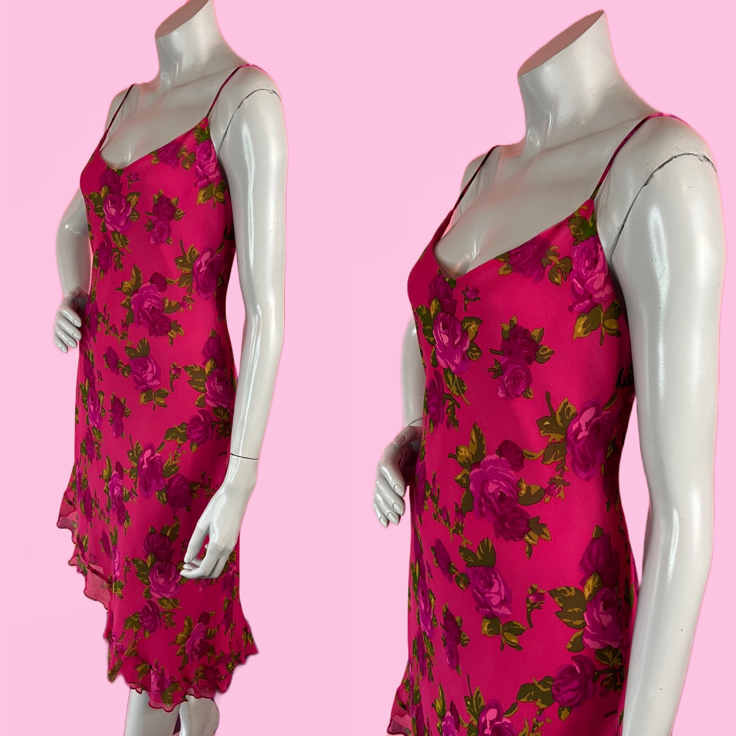 Magenta Pink Silk Rose Print Asymmetrical Hem 90s Betsey Johnson Dress — vintage 1990s Betsey Johnson dress in pink