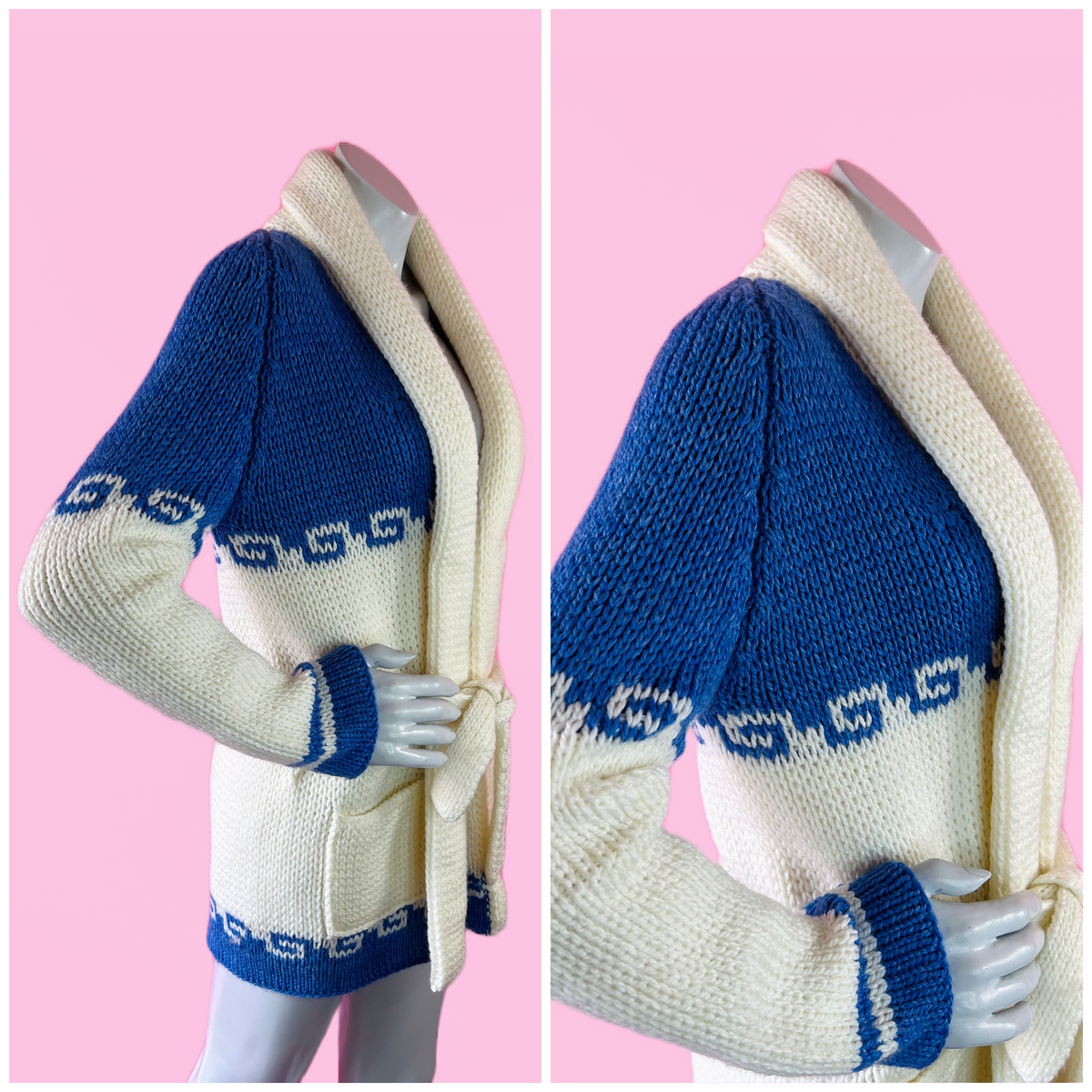 Blue & White Handknit Waves Wrap Sweater with Belt — vintage belt in white, blue